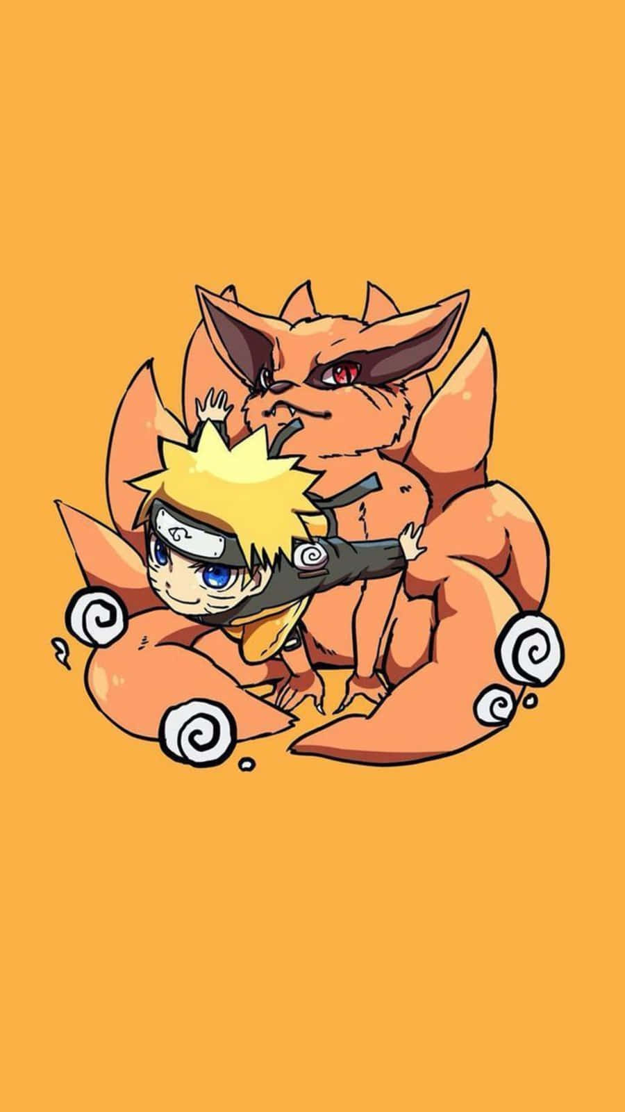Baby Kurama 桌布 壁紙 — Q版鳴人擁抱他的橙色九尾狐同伴，背景為純橙色。