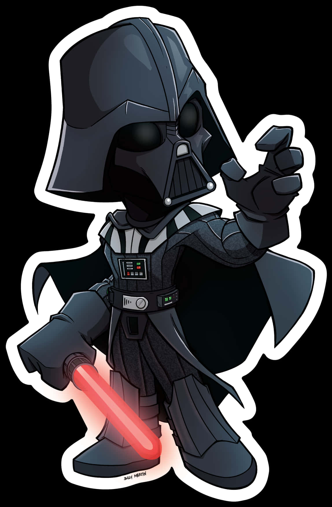 Star Wars Chibi 桌布 壁紙 — Q版黑武士穿著黑色盔甲，在純黑背景前手持發光的紅色光劍。