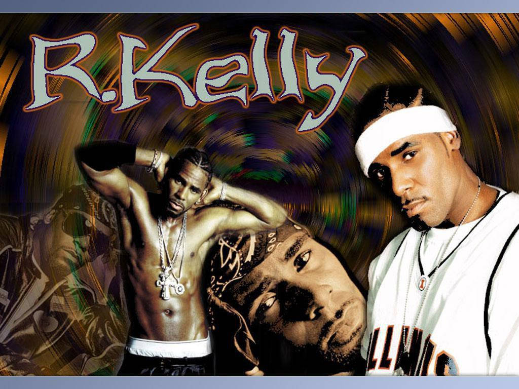 r kelly 桌布 壁紙 — R Kelly 肖像，帶有旋轉迷幻背景和粗體風格文字。