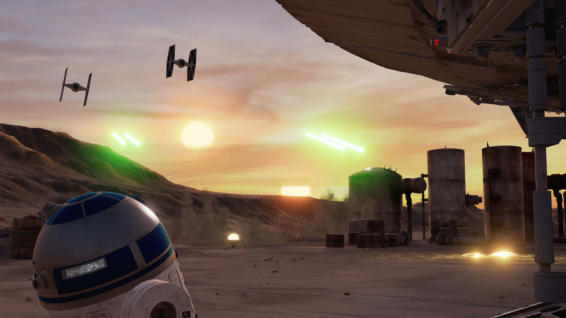 Tatooine 桌布 壁紙 — R2-D2 站在沙漠峽谷中，TIE 戰鬥機在發光的日落天空飛過。
