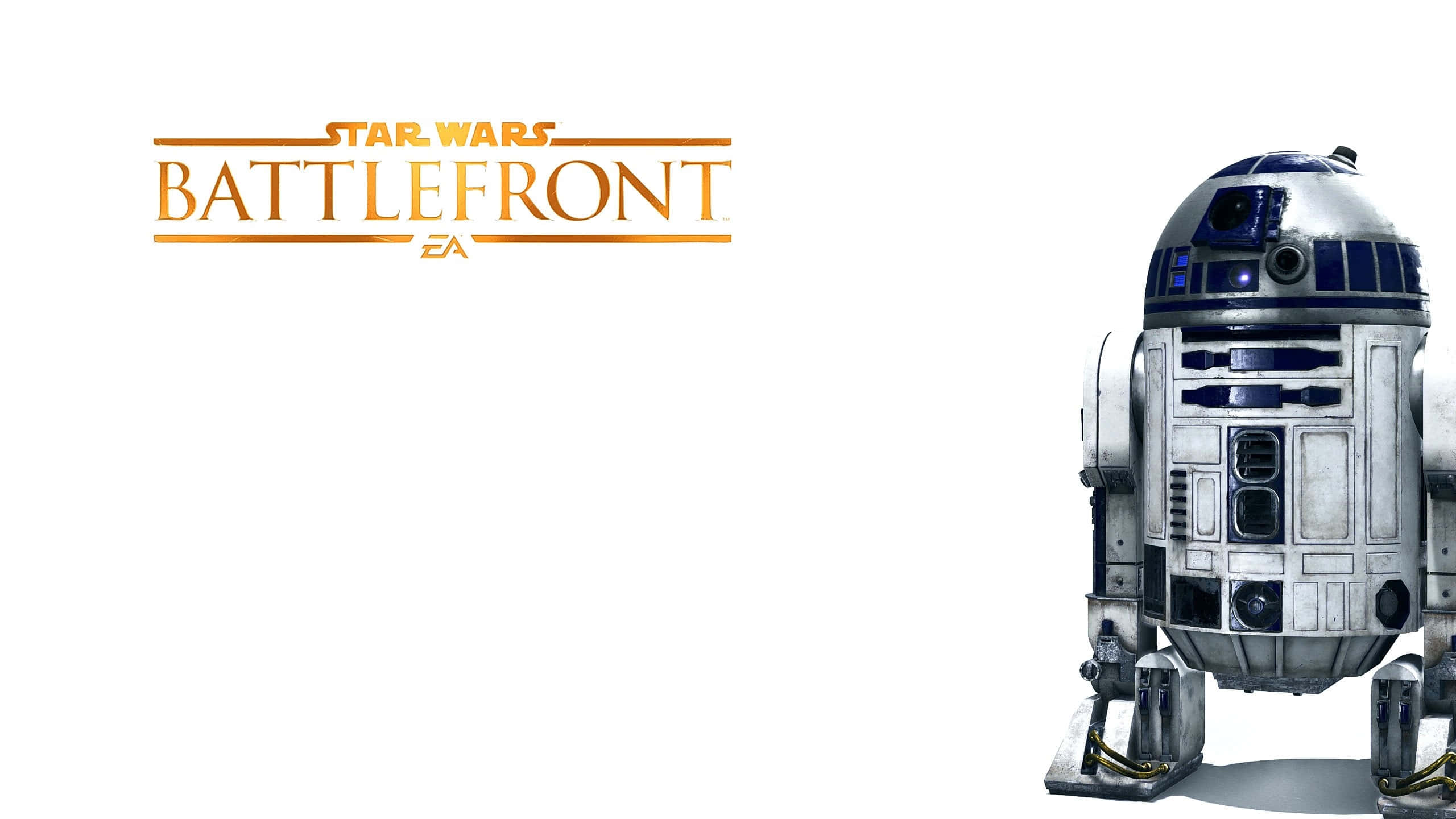 r2d2 桌布 壁紙 — R2-D2 站在白色背景前，上方有金色的 Star Wars Battlefront 標誌。