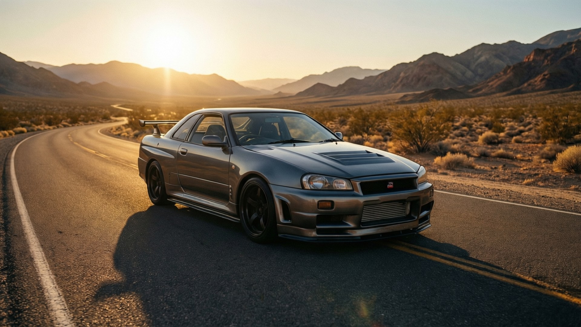 沙漠R33黃金時刻 壁紙 — 一輛銀色日產Skyline GT-R在日落時分沿沙漠高速公路疾馳，背景有山脈。