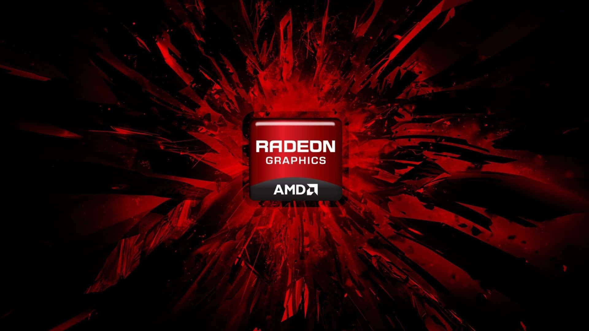 4K Graphics Cards 桌布 壁紙 — Radeon Graphics 標誌在黑色背景上以破碎玻璃效果散發出強烈的紅色能量並跳動。