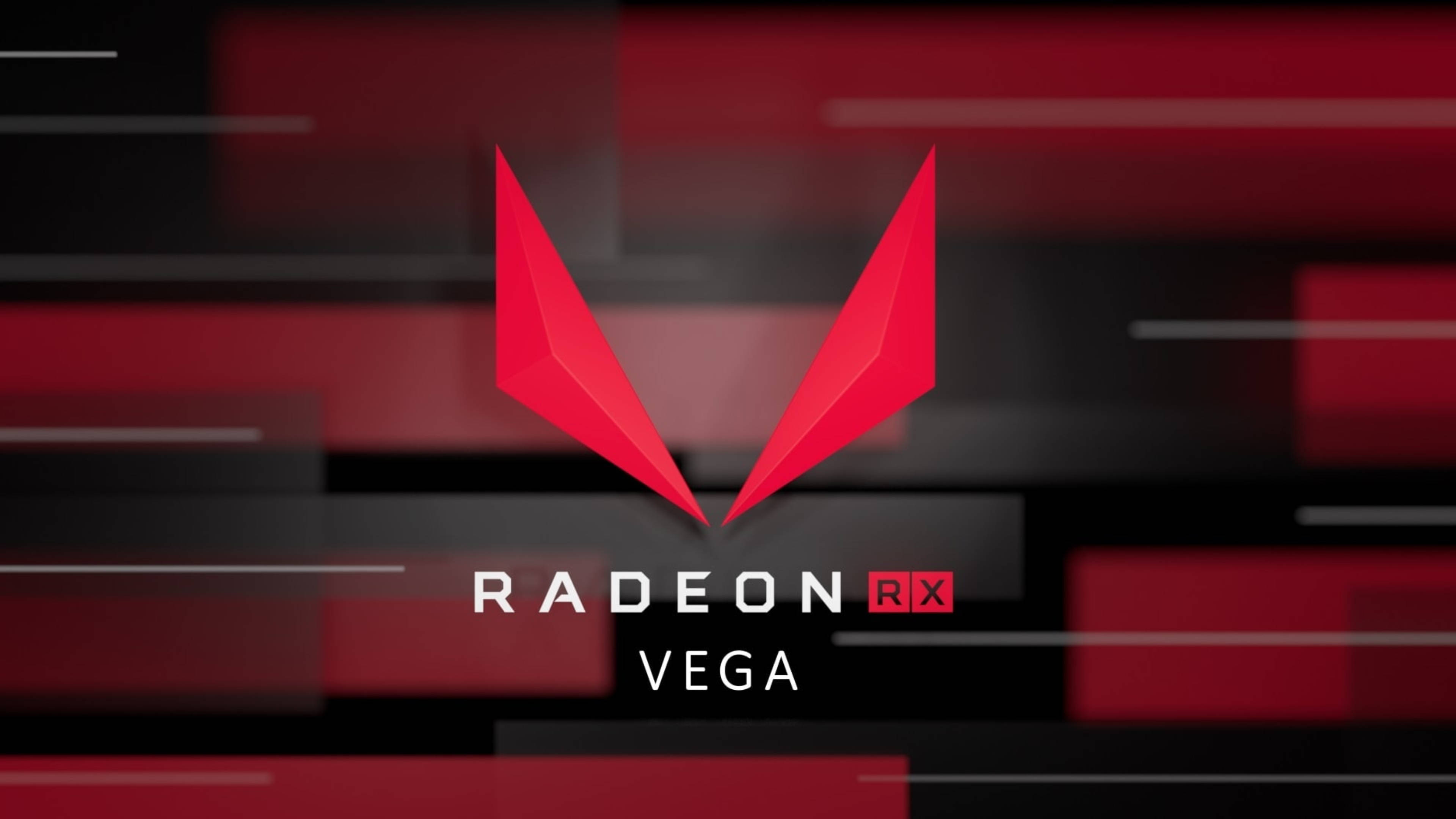 Radeon RX Vega 標誌，在抽象紅黑背景上帶有紅色幾何設計。 — 遊戲 壁紙