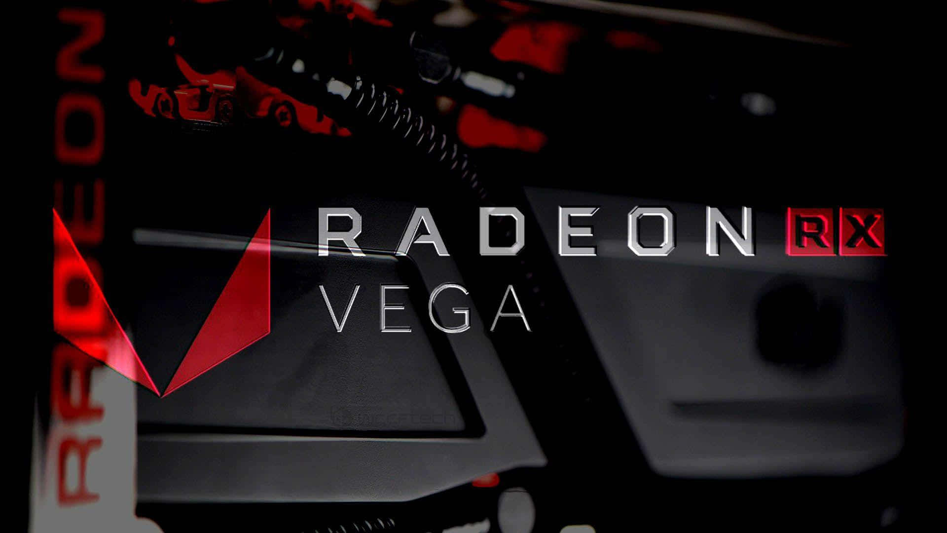 AMD 桌布 壁紙 — Radeon RX Vega 顯示卡特寫，帶有發光紅色點綴和金屬文字，背景為深色。