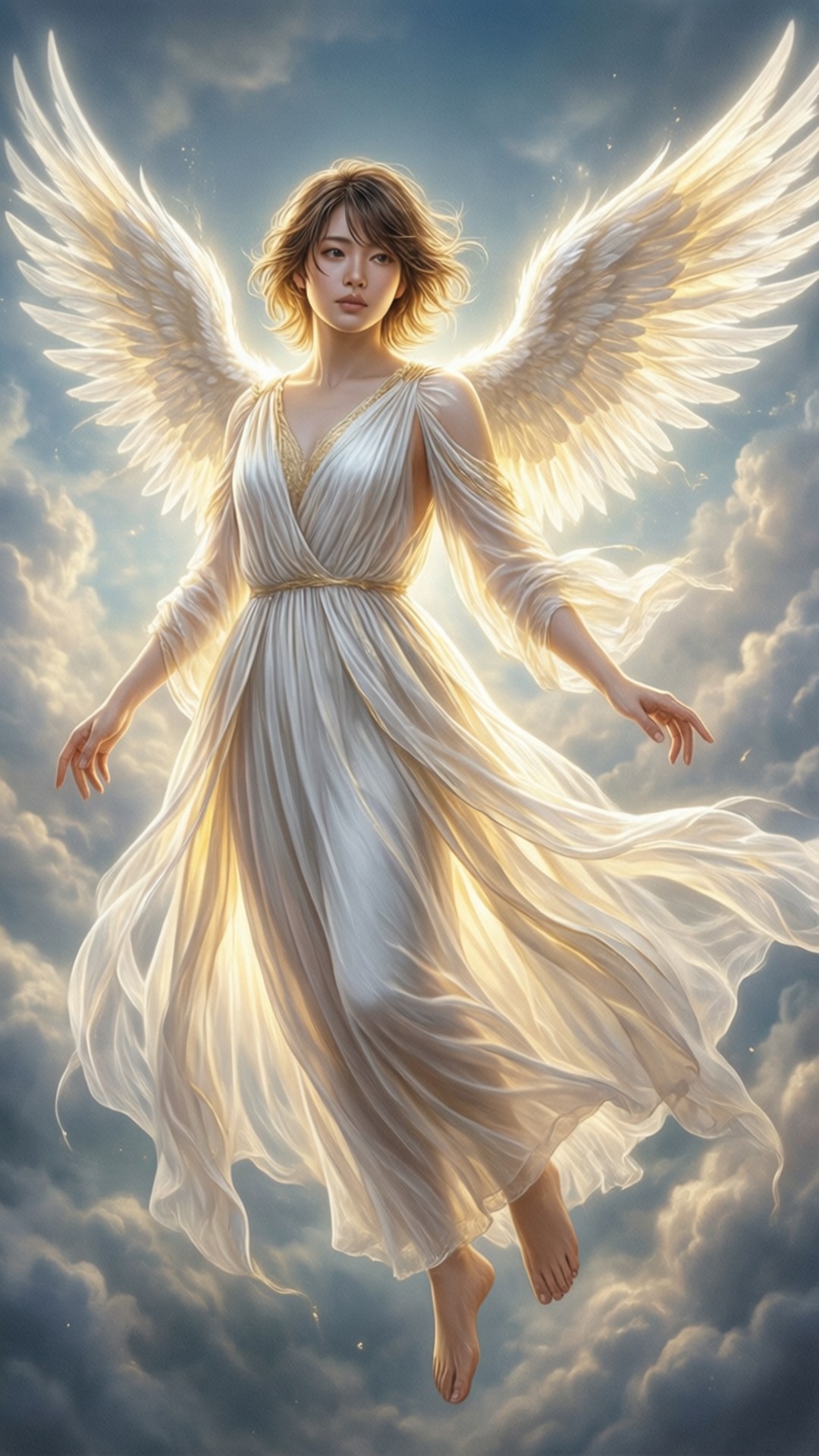 Guardian Angel of Karasuno 壁紙 — 一位光芒四射的天使，擁有寬闊的白色翅膀，在沐浴著金色光芒的戲劇性多雲天空中寧靜地漂浮。