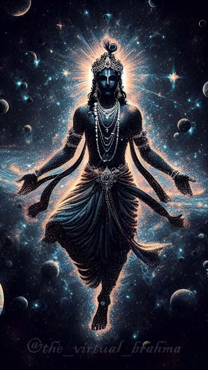 一位藍皮膚的神聖人物，有多隻手臂和皇冠，漂浮在星光燦爛的宇宙場景中，伴有發光的行星。 — 神 壁紙