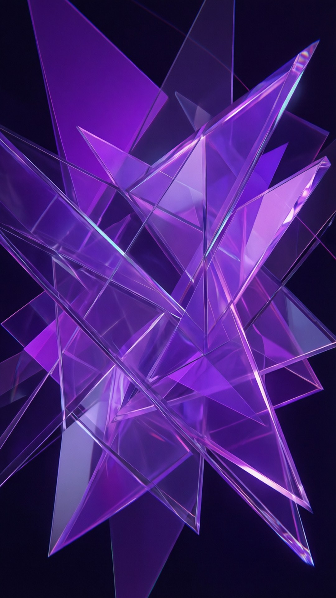 Neon Violet Geometry 壁紙 — 一個由相交的透明三角形棱鏡組成的發光紫色幾何雕塑，在黑暗背景下閃耀。