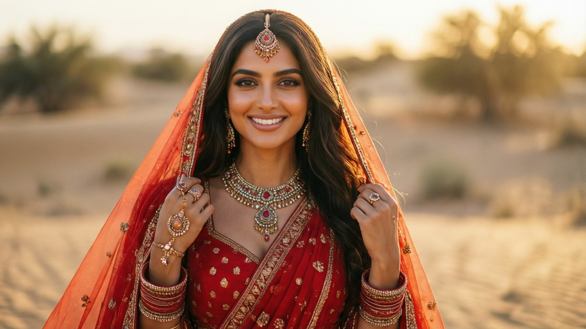 Yami Gautam 桌布 壁紙 — 一位身穿華麗紅色傳統服飾、光彩照人的女性，在夕陽金色沙漠背景下溫暖微笑。