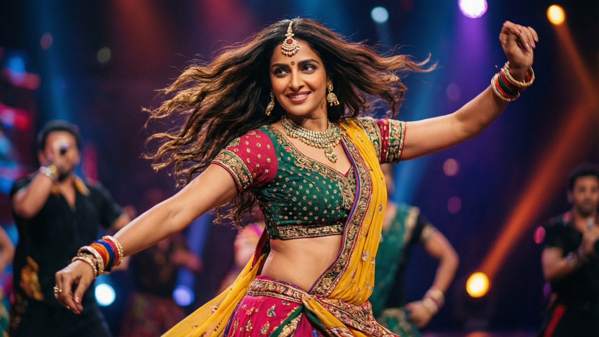 Parineeti Chopra 桌布 壁紙 — 一位身穿鮮豔傳統印度服飾、光彩照人的女性，在色彩繽紛的舞台燈光下，秀髮飄逸，充滿活力地跳舞。