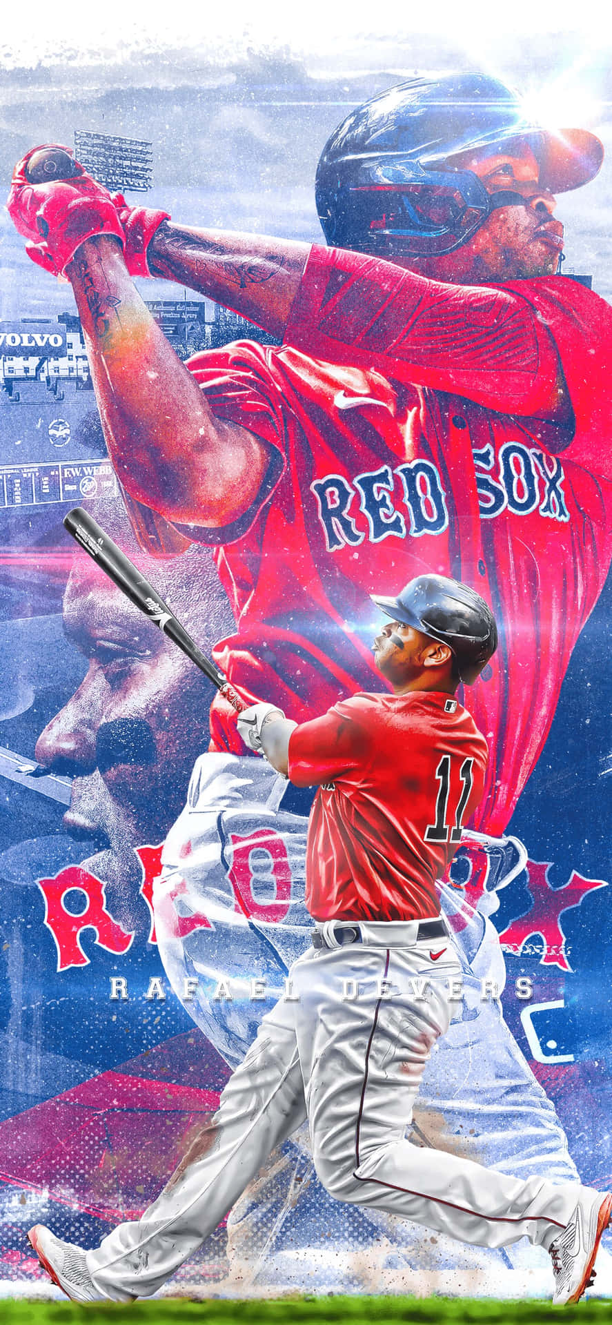 棒球運動員 Rafael Devers 身穿紅襪隊球衣揮棒，帶有動態模糊效果。 — MLB 壁紙