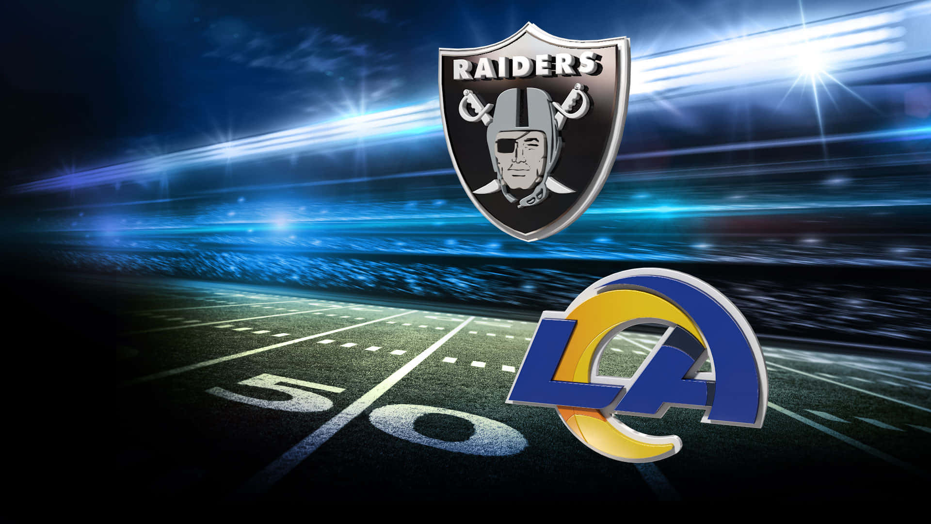 突襲者 桌布 壁紙 — Raiders 和 Rams 標誌在夜間體育場燈光下於足球場上方發光。