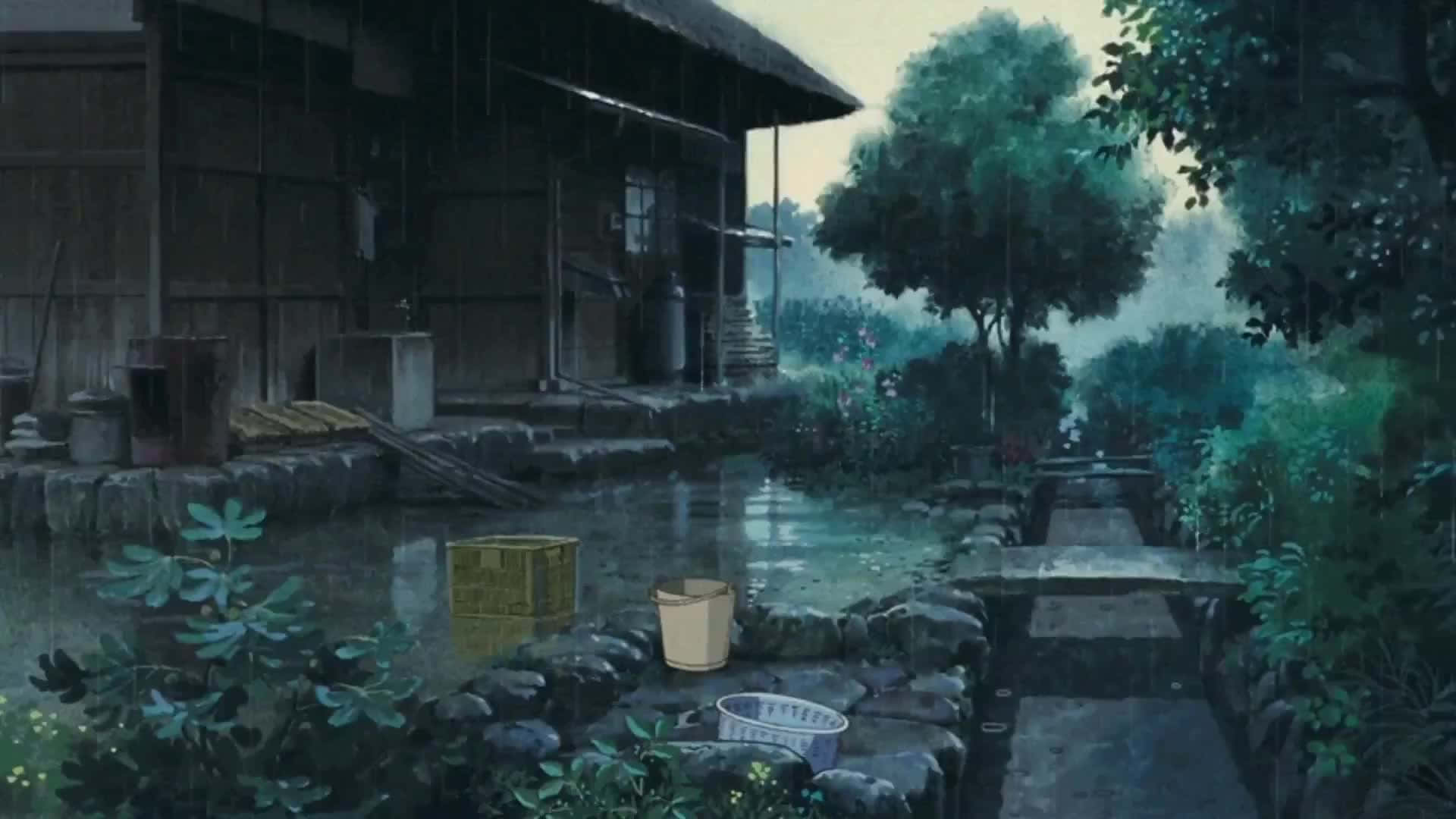在木屋旁綠意盎然的花園中的一個雨天，有條石徑。 — Lofi 壁紙