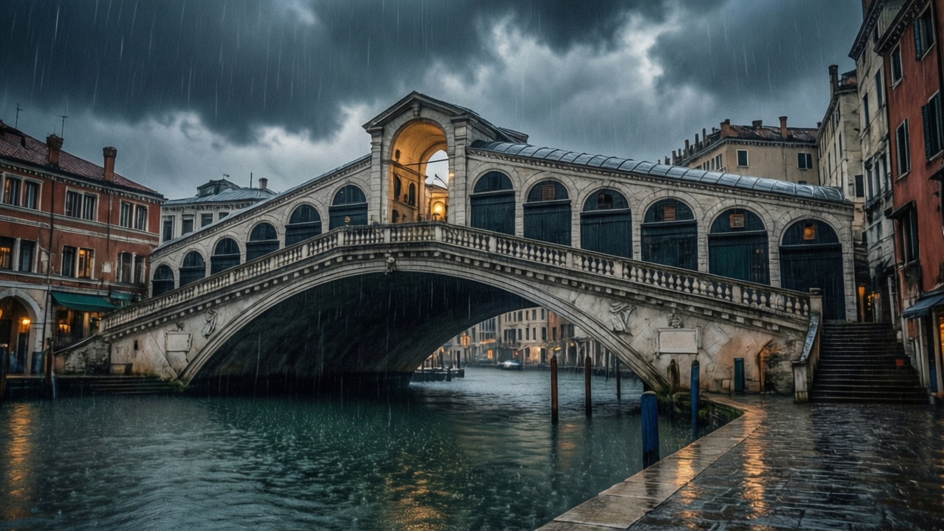 Stormy Rialto 壁紙 — 暴雨傾瀉在威尼斯標誌性的里亞爾托橋上，風暴天空下，發光的燈籠在濕漉漉的運河上反射。