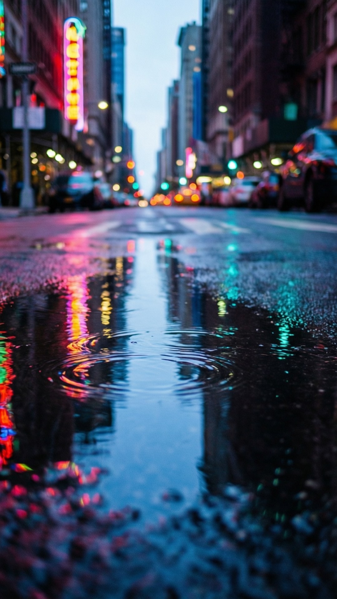 Puddle Reflections 壁紙 — 城市街道上的雨水坑反射著霓虹燈光和暮色天空下落雨引起的漣漪。