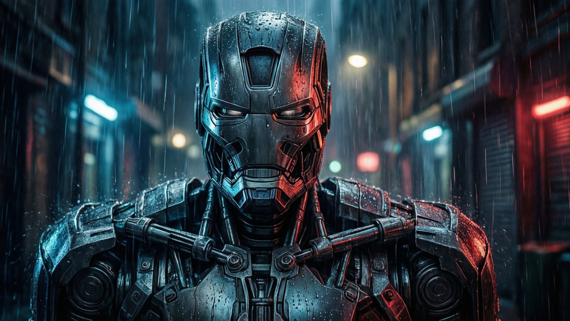 Ultron in the Rain 壁紙 — 一個被雨淋濕的裝甲人物站在霓虹燈照亮的後巷，濕漉漉的金屬反射著發光的街燈。
