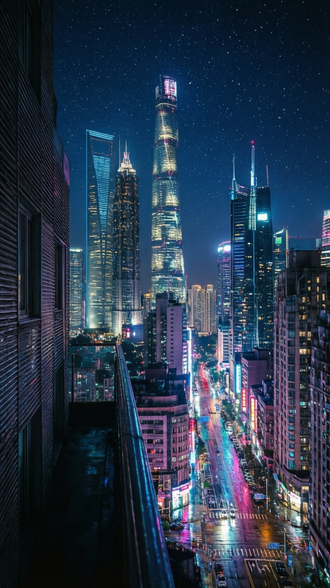 展望 桌布 壁紙 — 雨濕的夜間城市街道在霓虹燈下閃耀，高聳的摩天大樓刺穿星空。