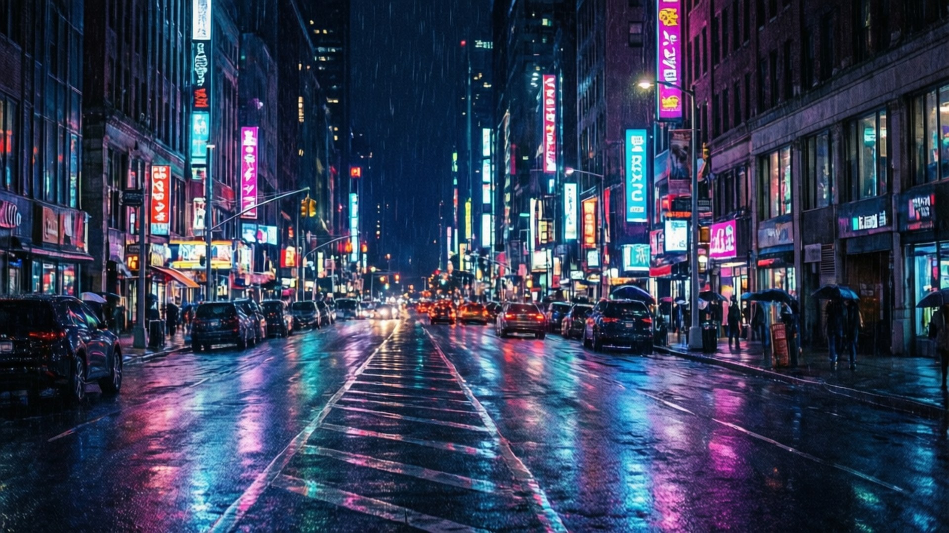雨夜的街道，霓虹燈在濕漉漉的路面上反射，汽車駛過。 — iPad 壁紙