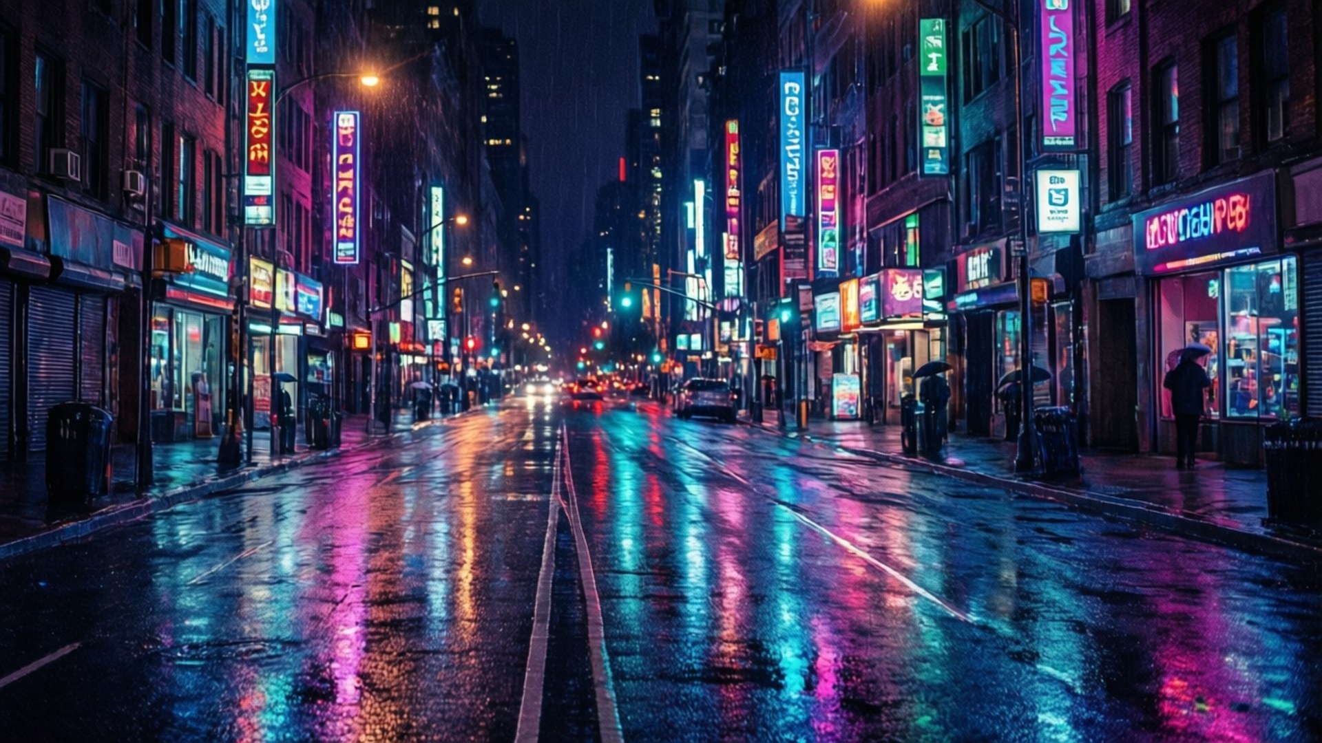 夜晚潮濕的街道，閃爍著來自商店櫥窗和路燈的彩色霓虹倒影。 — iPad 壁紙