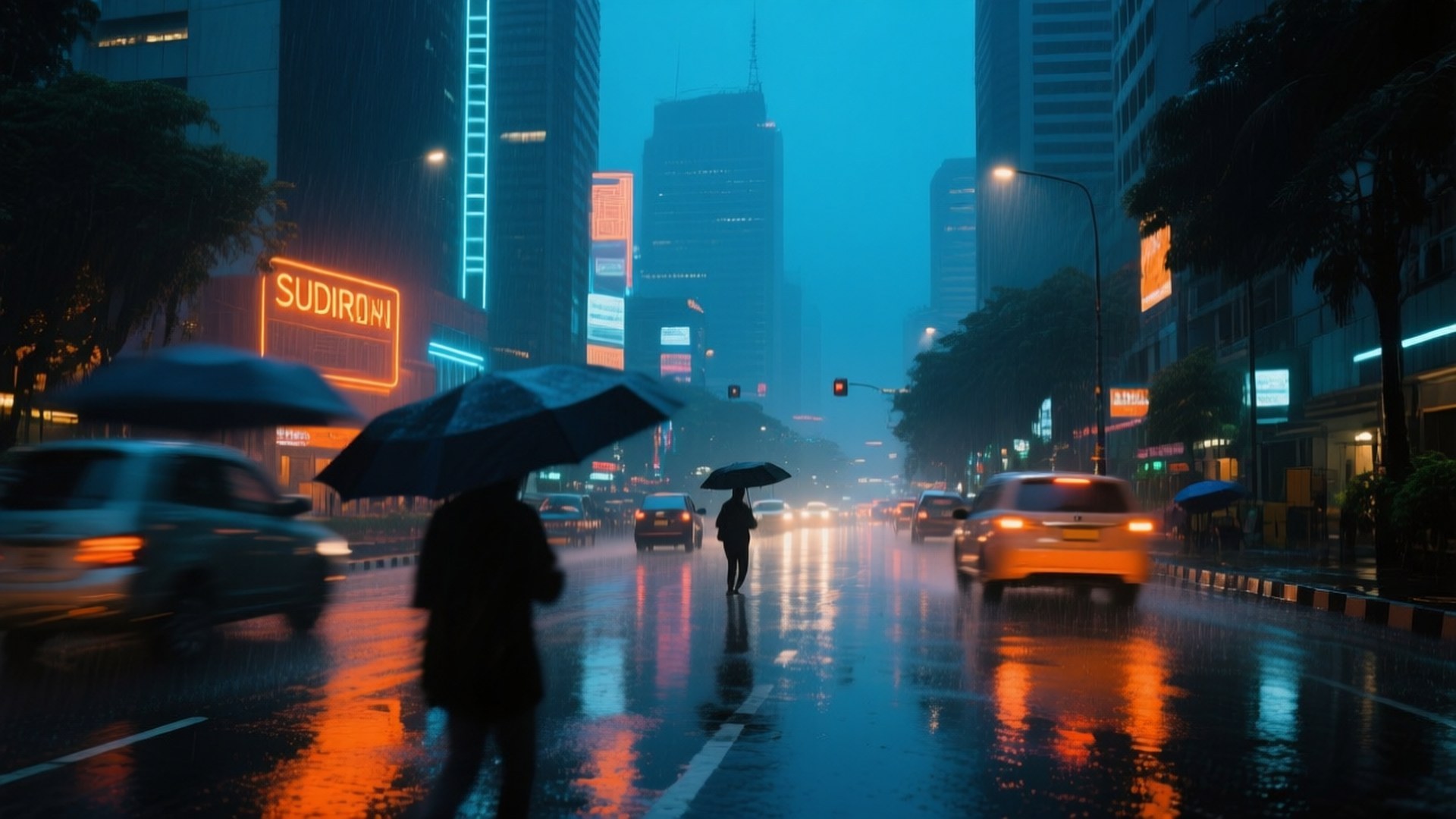 Sudirman Rainy Neon 壁紙 — 雨濕的街道閃爍著霓虹燈的倒影，行人撐著傘在摩天大樓下穿梭於模糊的車流中。