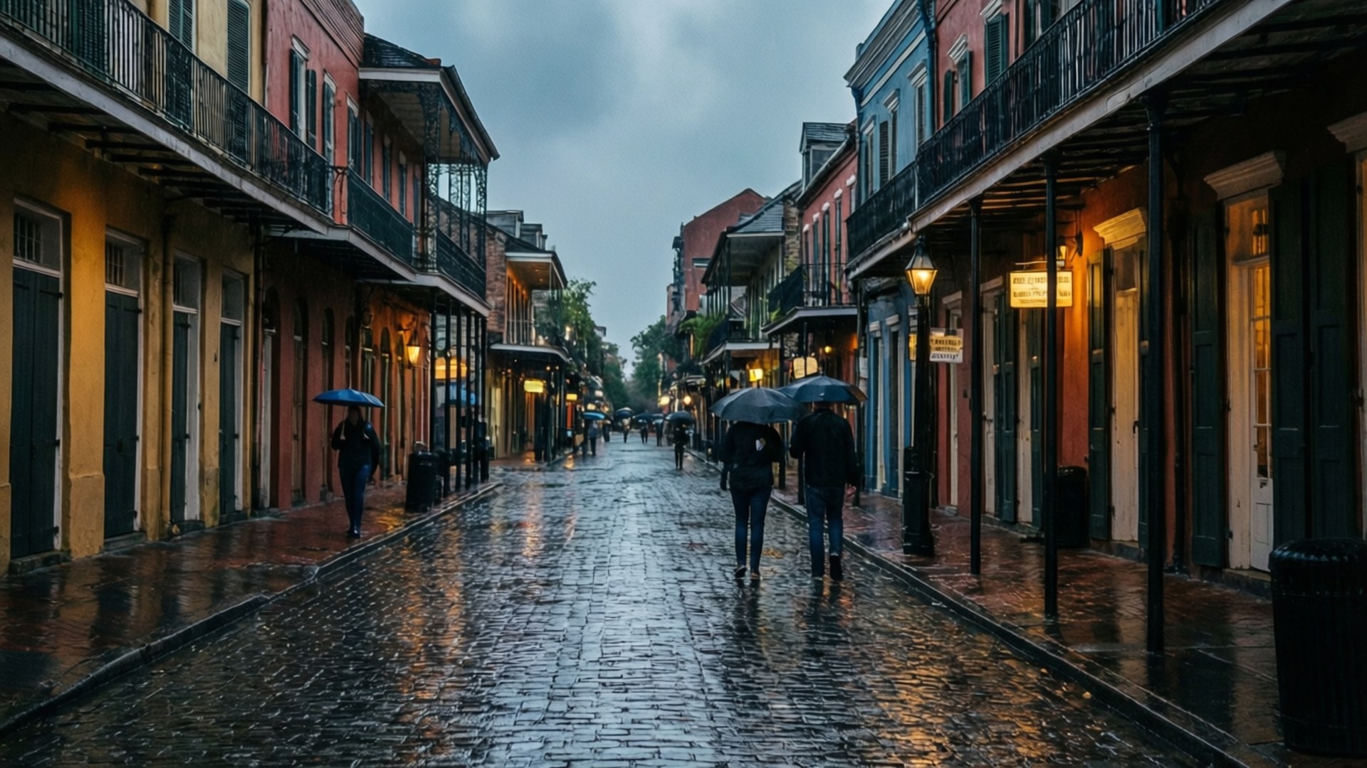 Rainy Quarter Reflections 壁紙 — 被雨水打濕的鵝卵石街道，兩旁是色彩繽紛的歷史建築，行人撐著傘，天空漸暗。