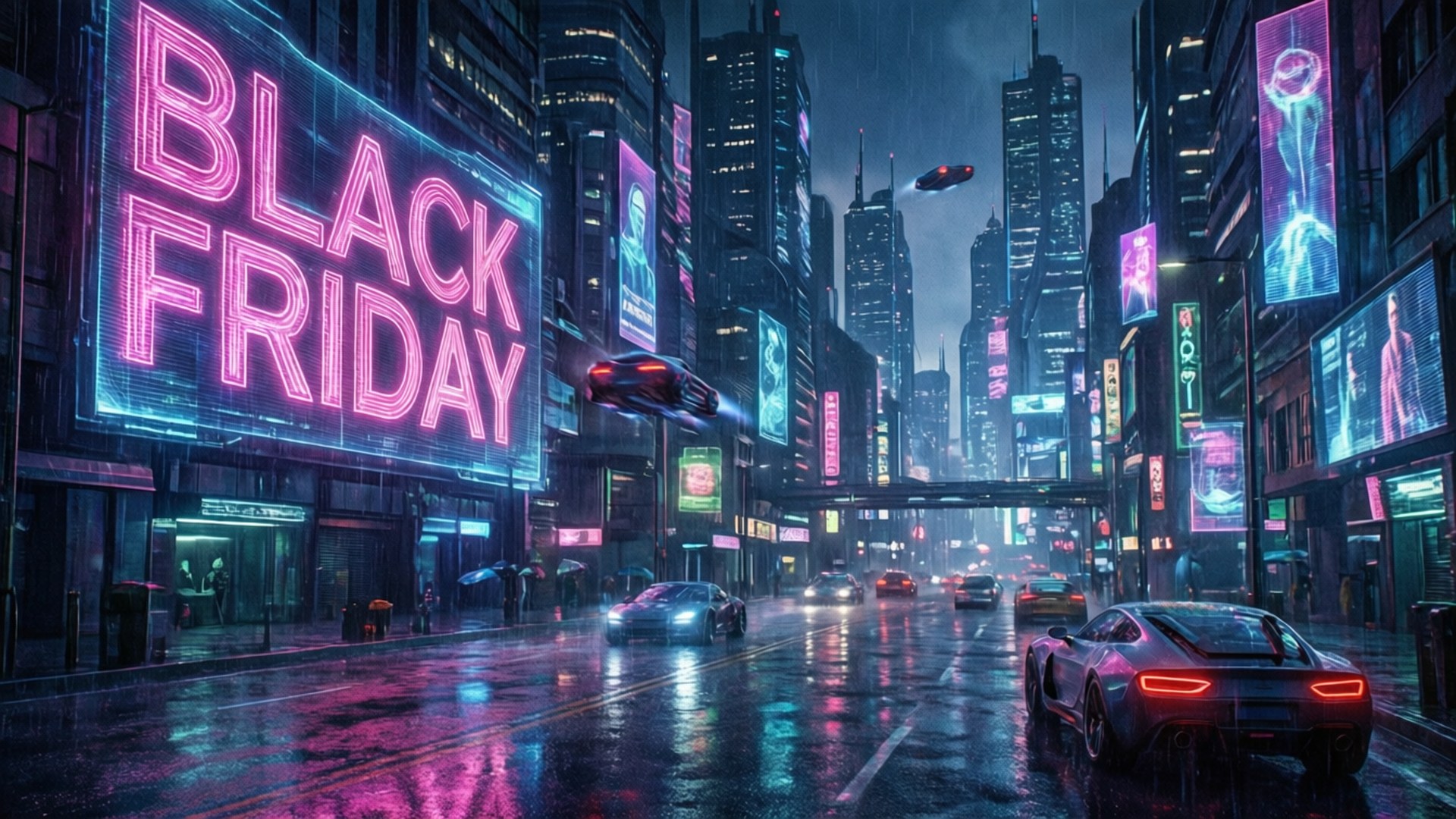 Cyberpunk Sale 壁紙 — 雨濕的賽博龐克街道夜晚，發光的霓虹燈牌、飛行的汽車和 towering 摩天大樓反射出鮮豔的粉紅色、藍色和紫色燈光。