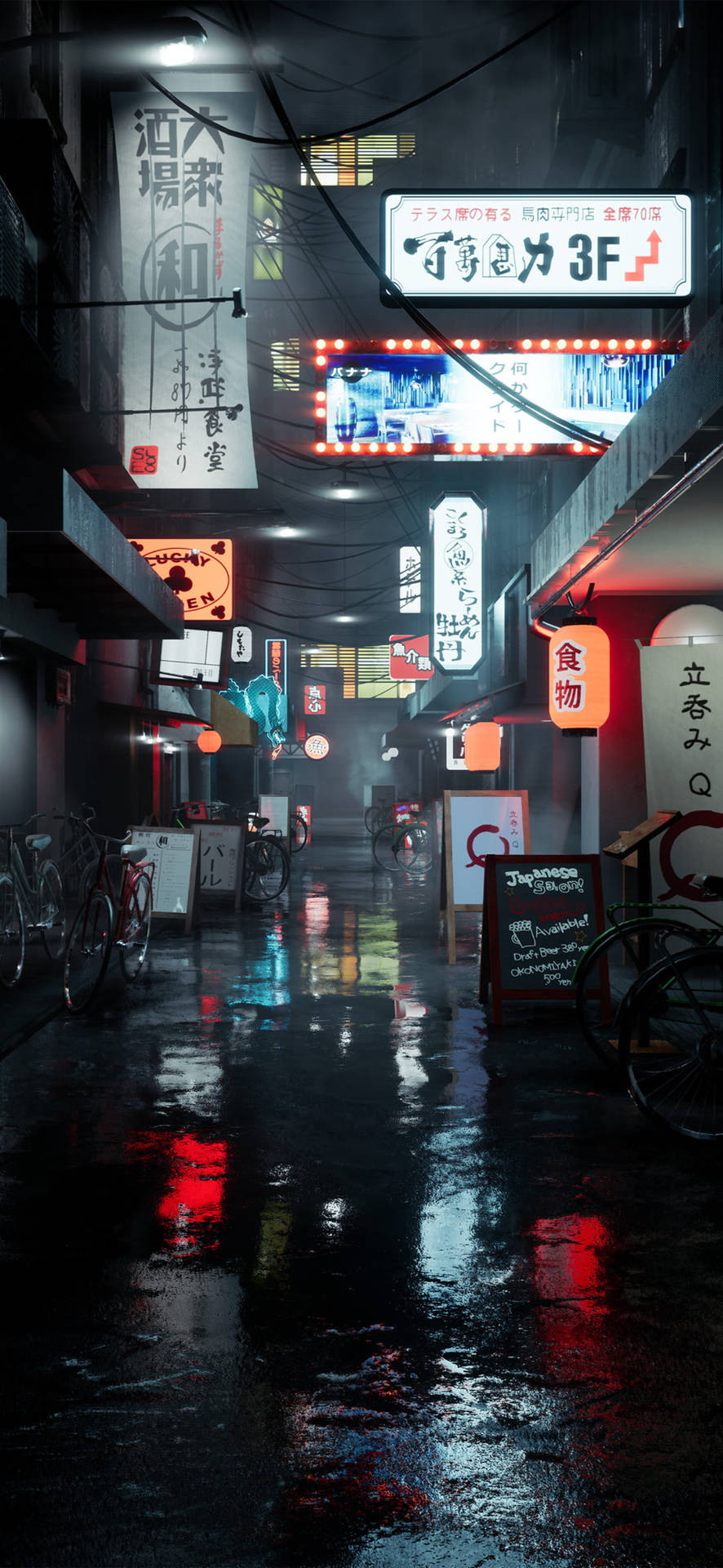 霓虹招牌在雨夜的日本小巷上方發光，濕漉漉的路面反射光芒。 — 日式美學 iPhone 壁紙 壁紙