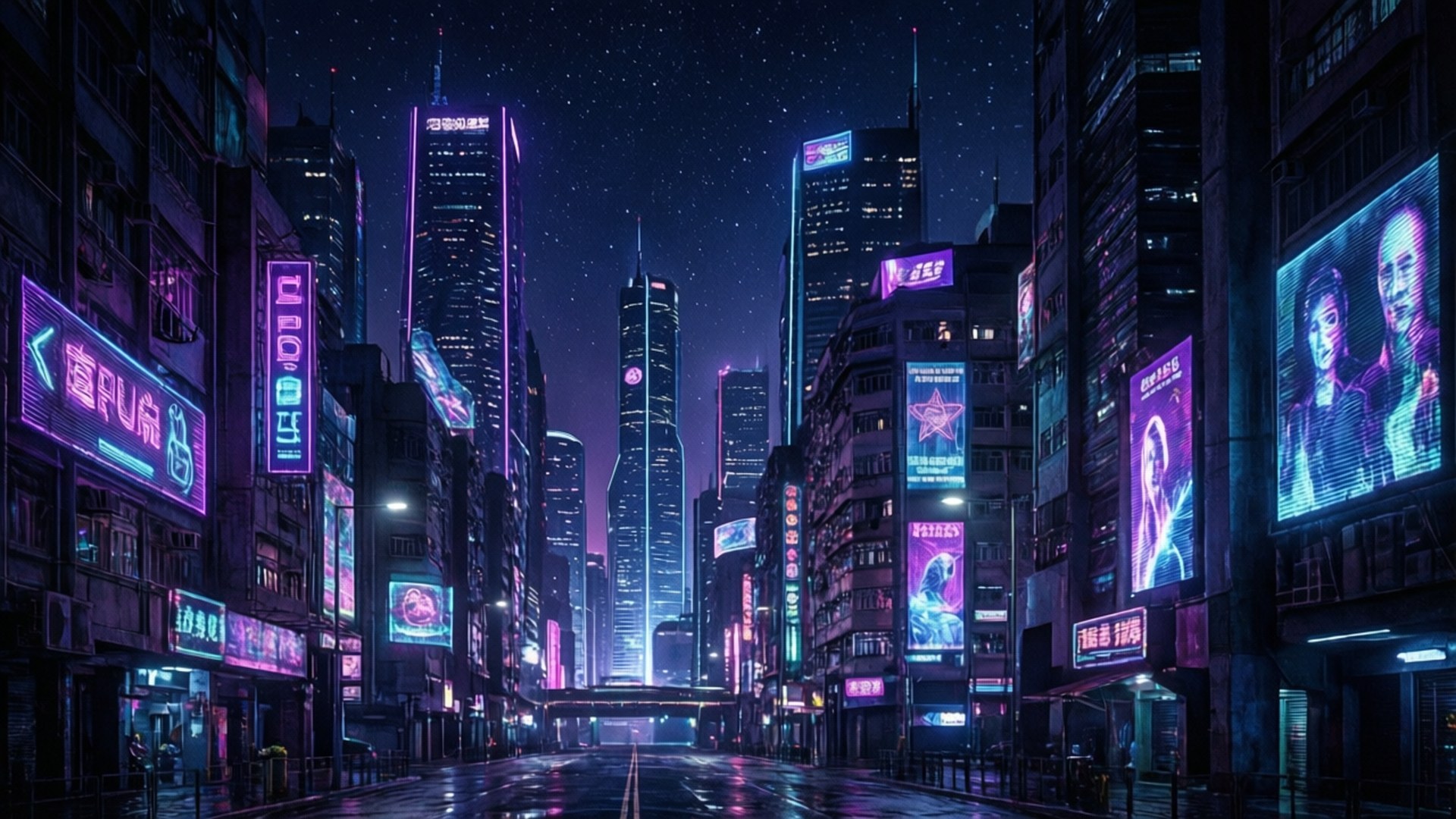 Neon Cityscape 壁紙 — 雨濕的霓虹燈城市街道夜景，高聳的摩天大樓在星空下閃爍著紫色和藍色光芒。