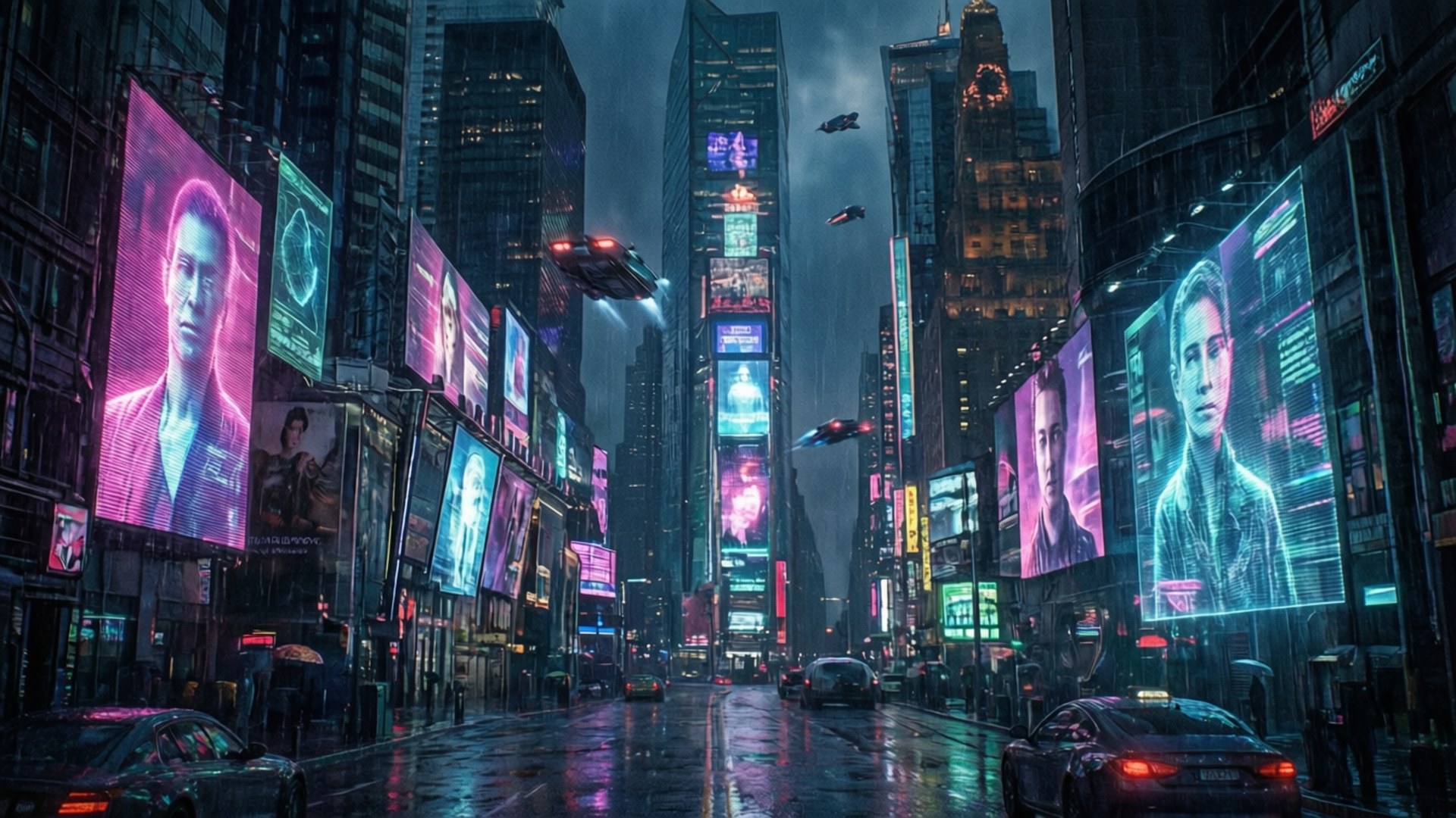 Cyberpunk City 壁紙 — 雨濕的霓虹燈科幻城市街道，高聳的廣告牌閃爍著粉紅色和藍色，飛車在摩天大樓之間滑行。