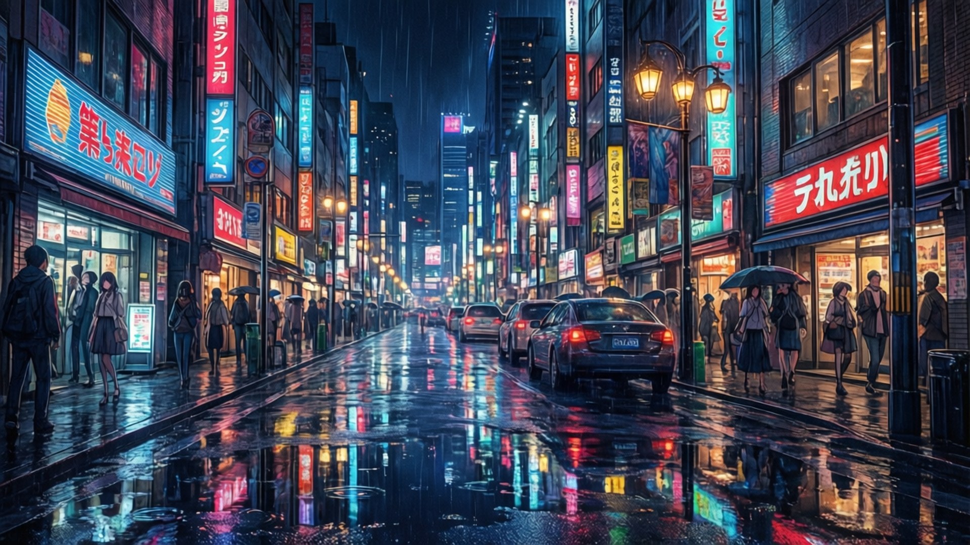 東京街道上的夜雨，霓虹燈招牌在濕漉漉的人行道上反射，人們撐傘行走。 — 1440P 壁紙
