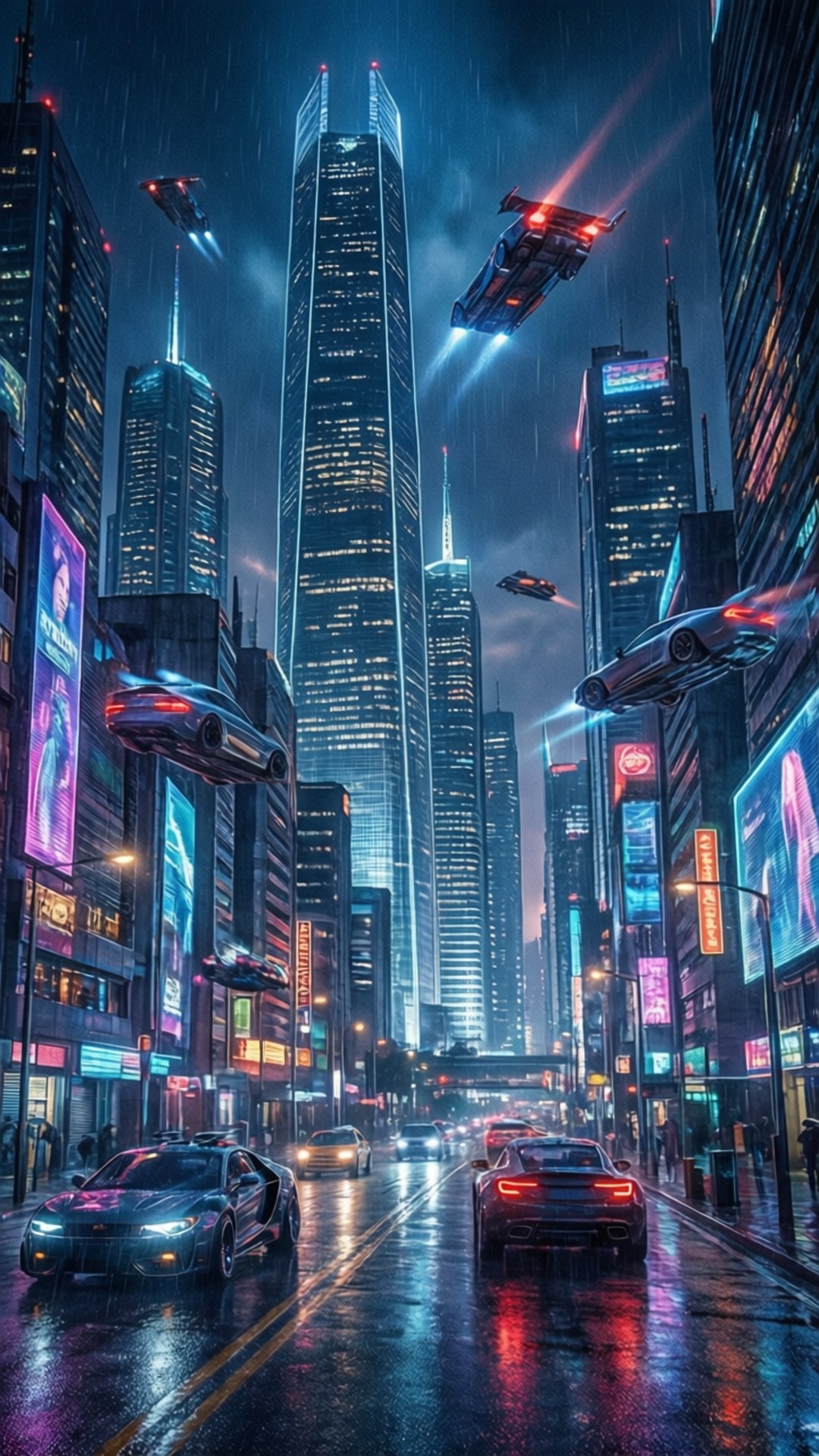 Cyberpunk City Night 壁紙 — 未來城市的雨濕霓虹街道，有飛天汽車和高聳摩天大樓在黑暗天空下發光。
