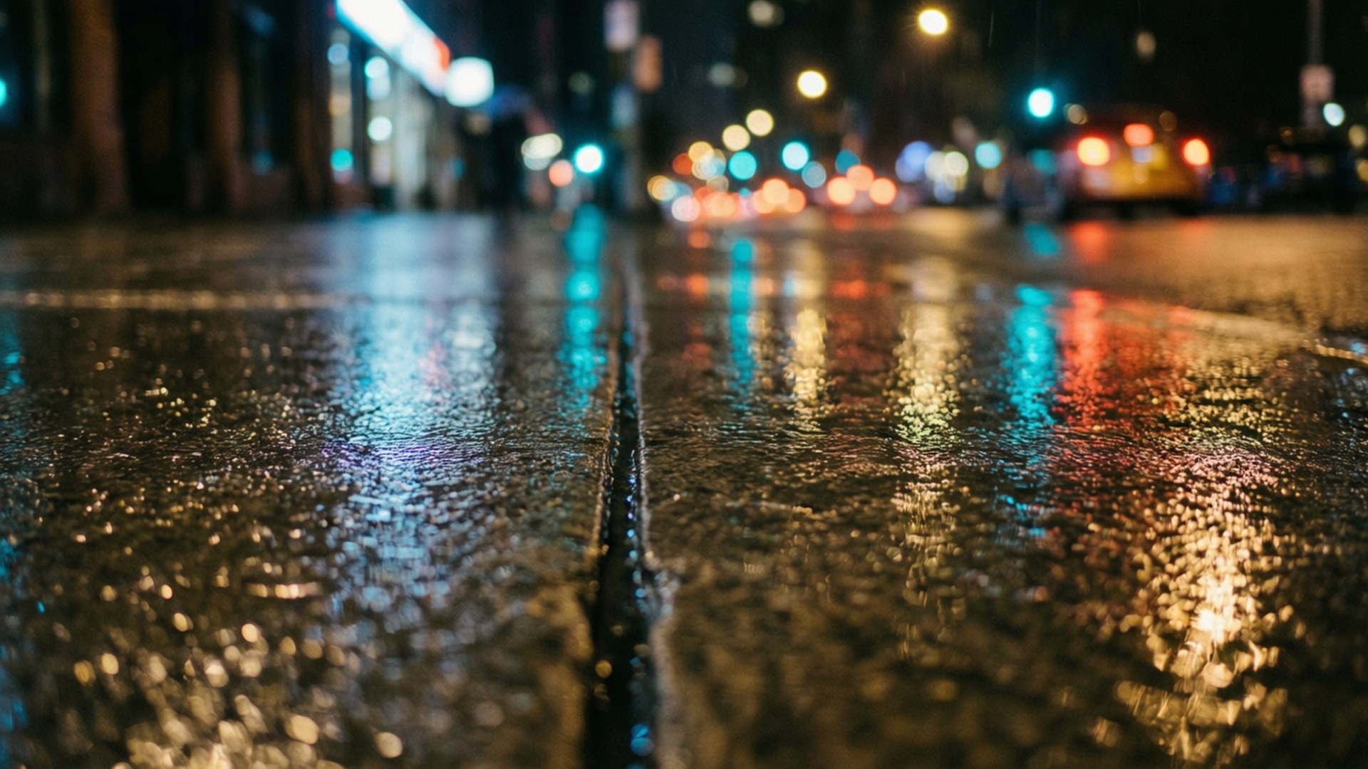 Wet Concrete Reflections 壁紙 — 雨水濕滑的路面反射出模糊的城市燈光，低角度夜拍。