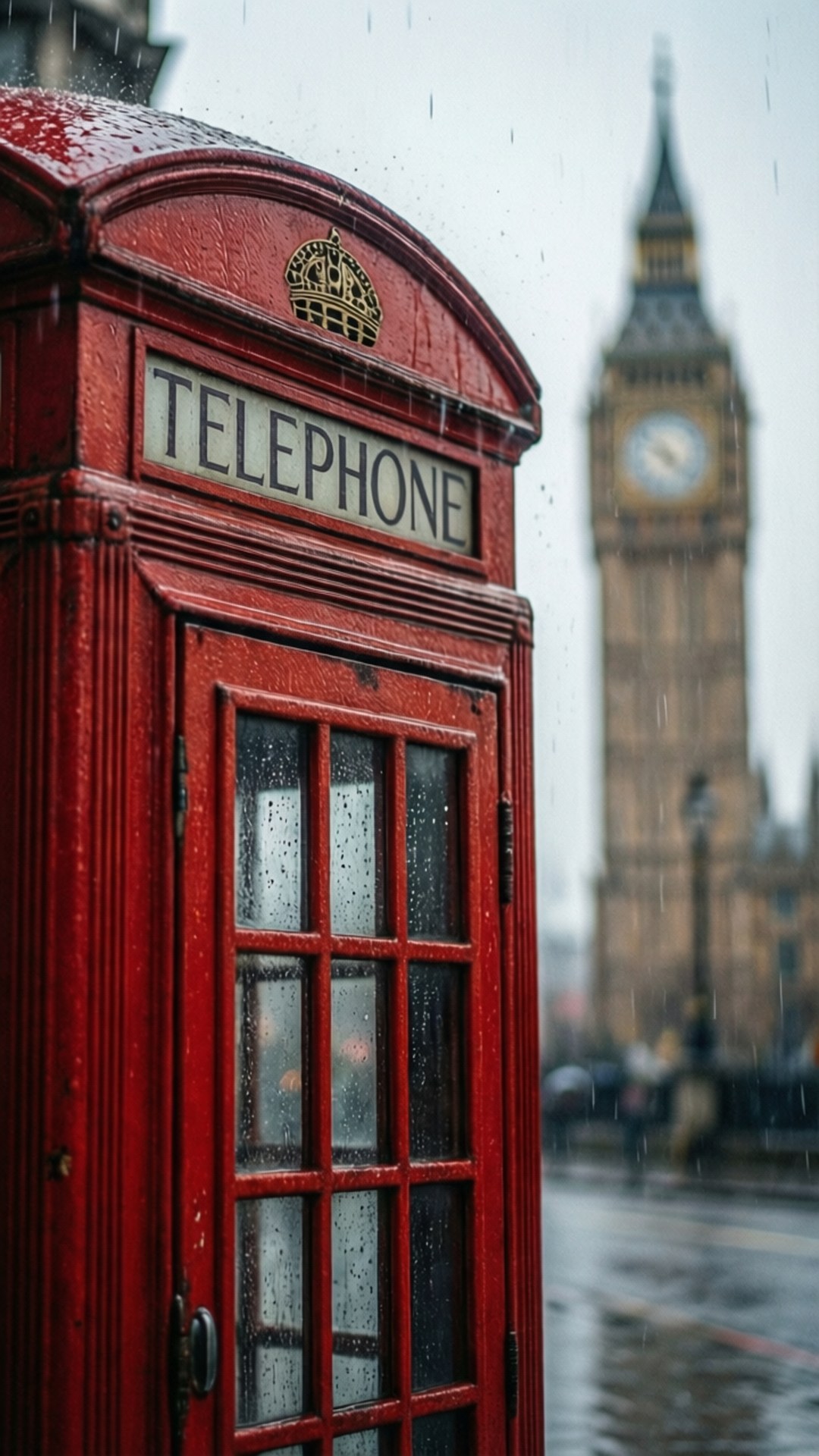 Red Phone Box Rain 壁紙 — 一個被雨水打濕的紅色電話亭清晰對焦，背景中的大笨鐘在灰色天空下模糊不清。