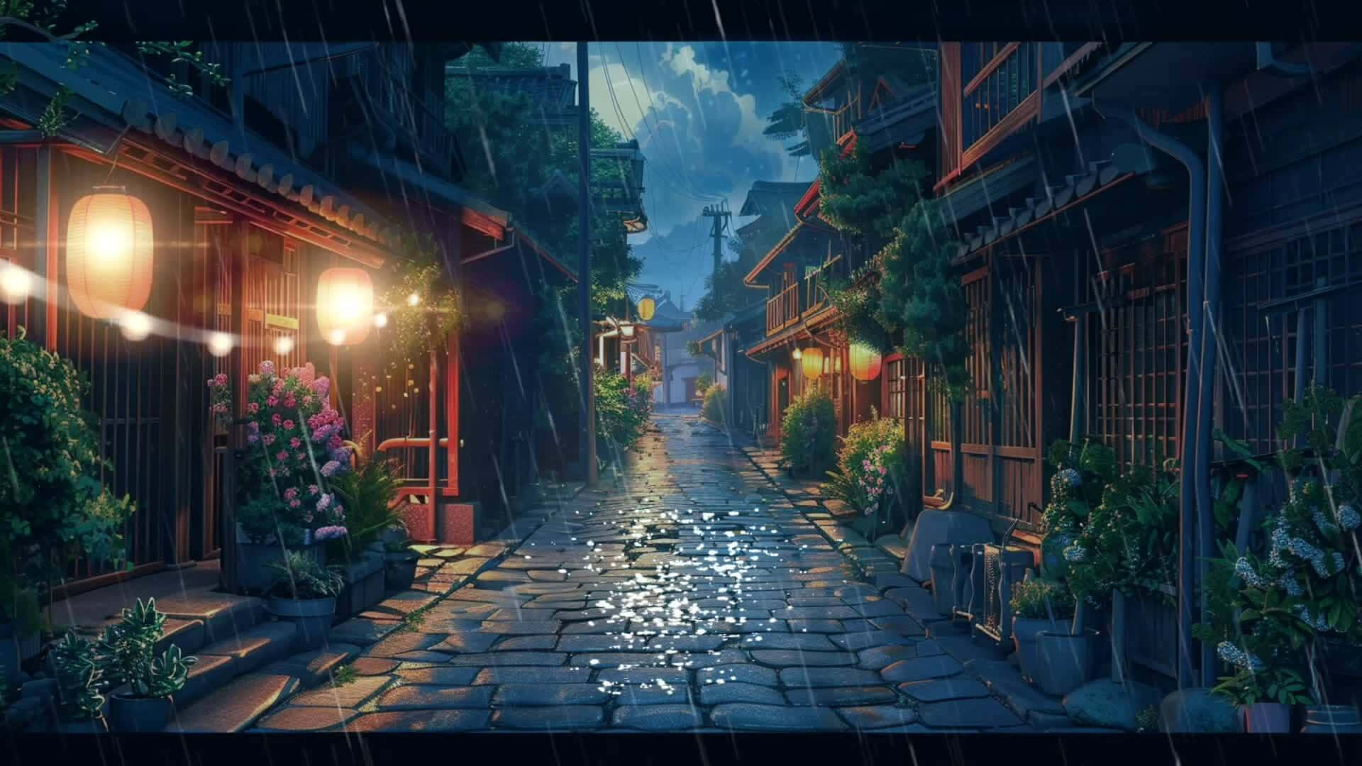  壁紙 — 在暴風雨夜空下，傳統日本小鎮中一條被雨水打濕的石板小巷，閃爍著溫暖的燈籠光芒。