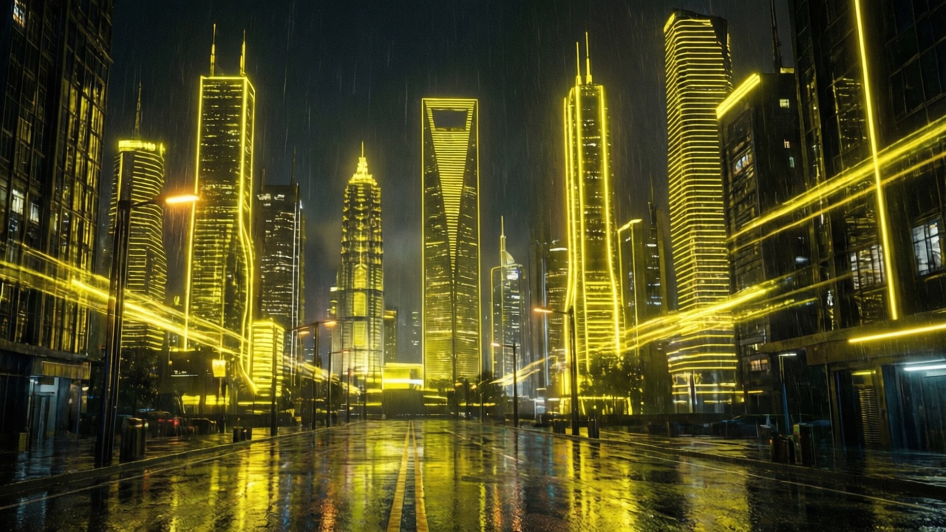 Neon Yellow Cyberpunk City 壁紙 — 雨水濕滑的街道反射出高聳摩天大樓的金色霓虹燈光，穿透黑暗的雨夜。