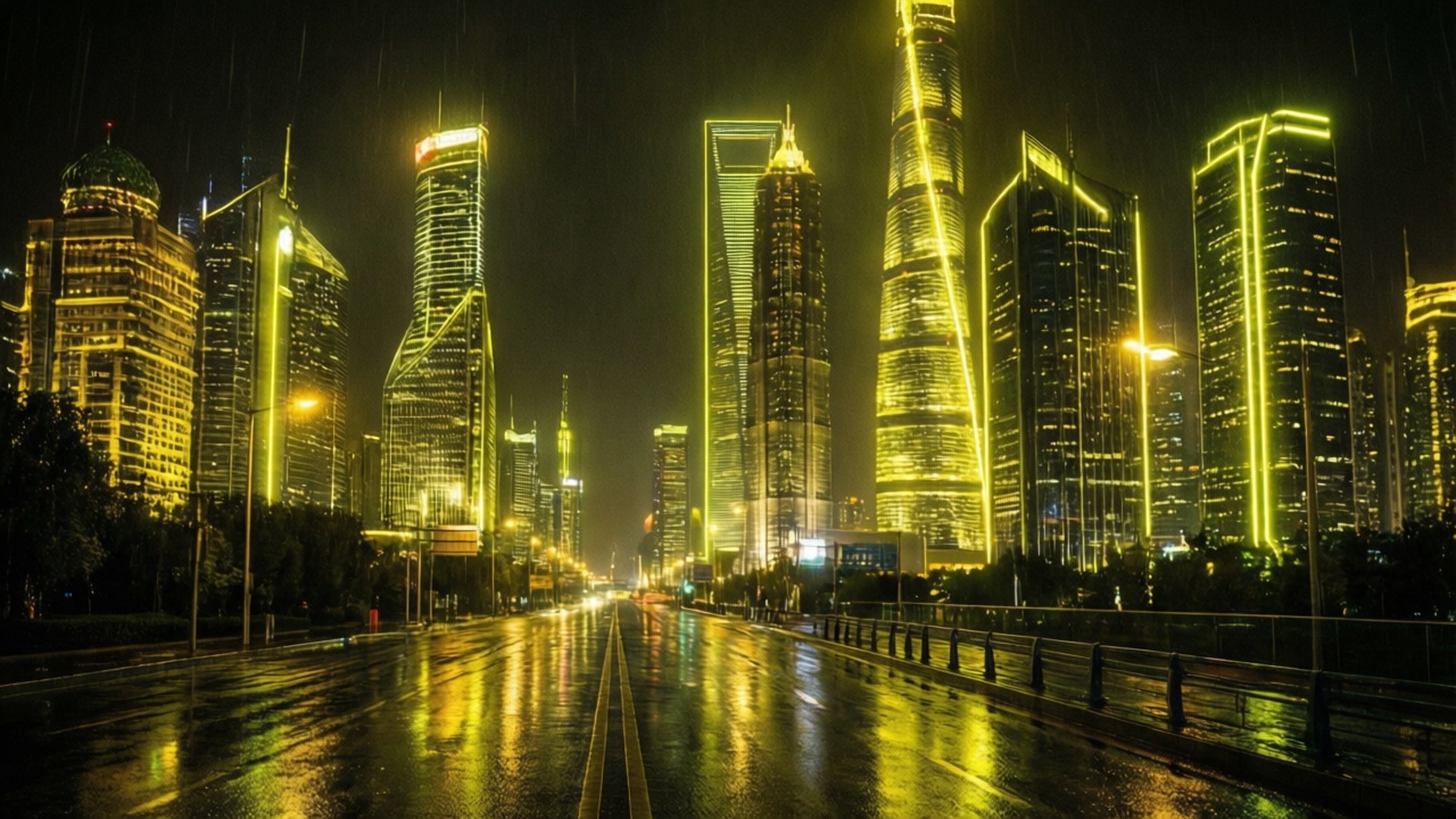 Neon Yellow Cyberpunk City 壁紙 — 雨水濕滑的街道反射出高聳摩天大樓的金色霓虹燈光，刺破黑暗的夜空。
