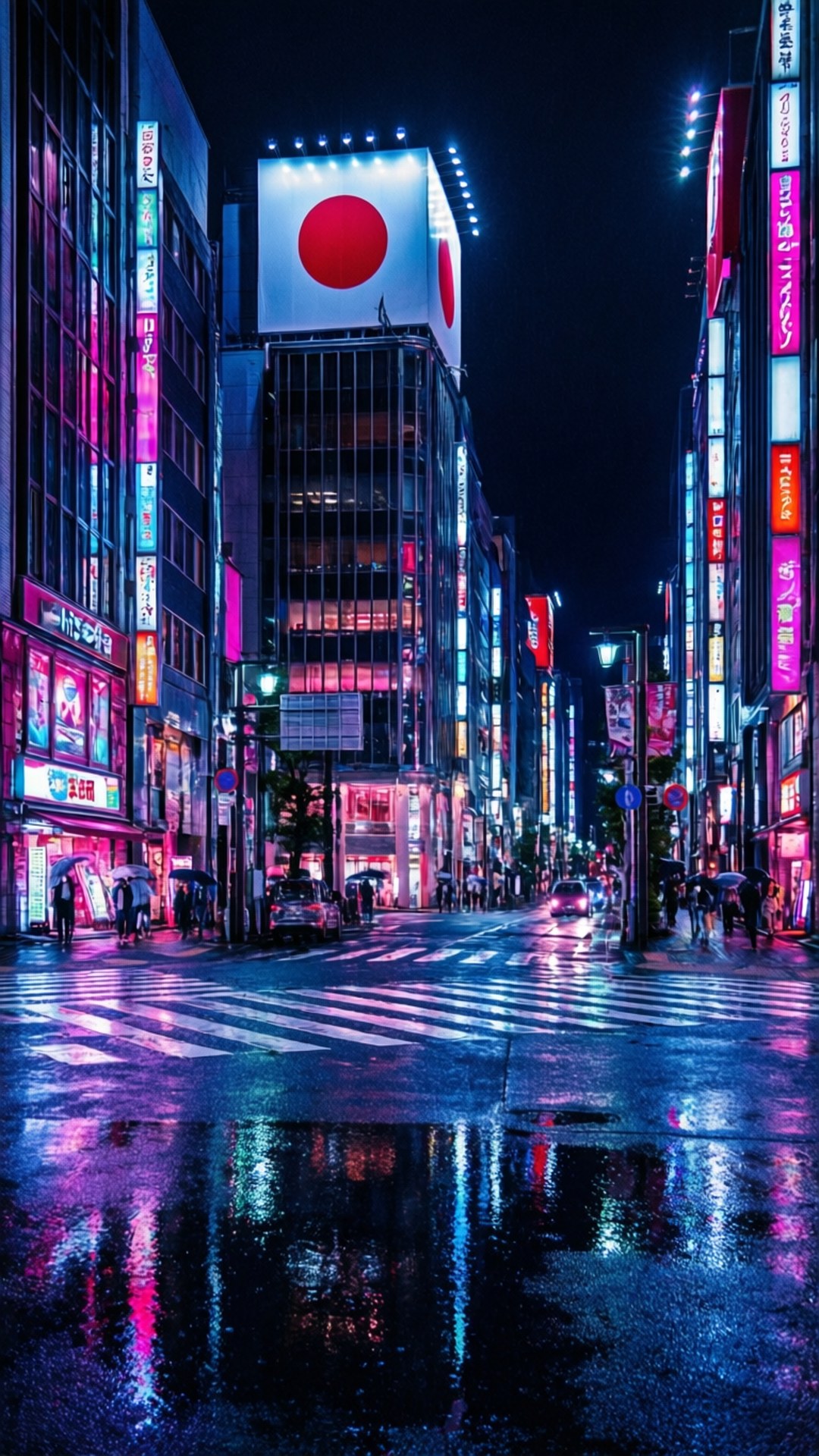Neon Tokyo Flag 壁紙 — 雨濕的東京夜晚街道反射著霓虹燈招牌和高樓上的巨型日本國旗。