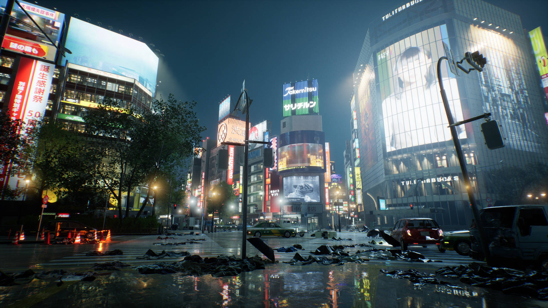 霓虹燈照亮東京夜晚街道，潮濕的路面和散落的垃圾。 — Ghostwire Tokyo 壁紙