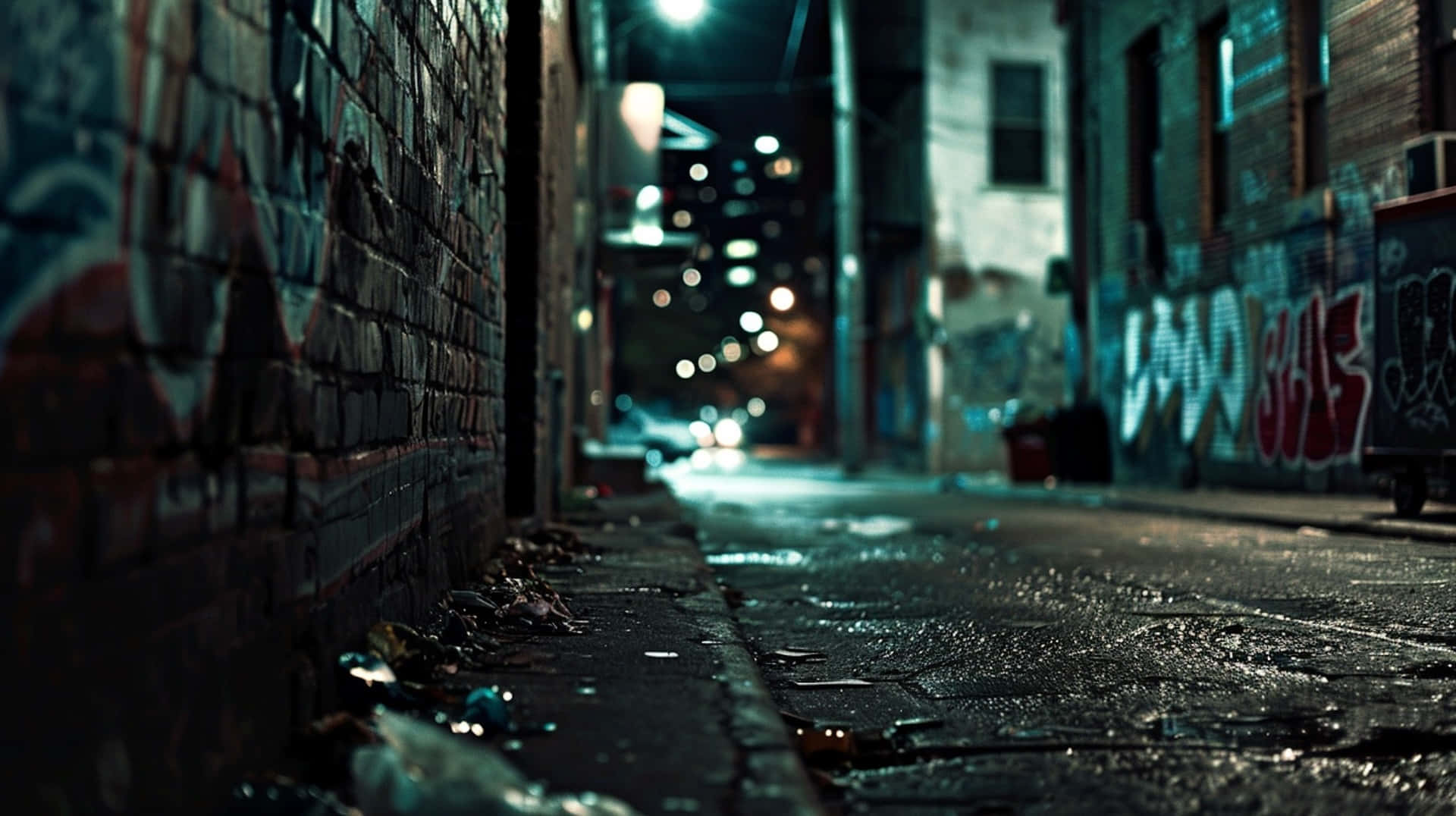  壁紙 — 夜晚一條被雨水浸濕的城市小巷，佈滿塗鴉的磚牆和發光的街燈營造出陰鬱的氛圍。
