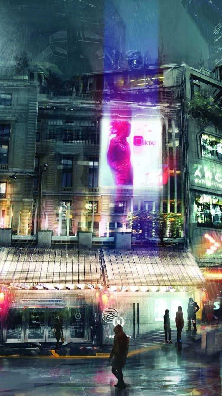  壁紙 — 雨濕的夜晚城市街道，帶有發光的霓虹燈招牌和遮陽篷下模糊的行人。
