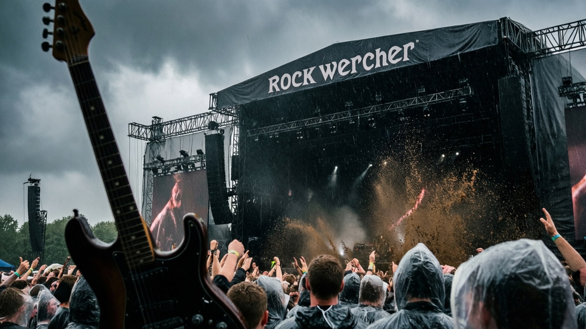 Rock Werchter 桌布 壁紙 — 在Rock Werchter音樂節上，被雨淋濕的人群在暴風雨的天空下舉起雙手，一把吉他在前景中隱約出現。