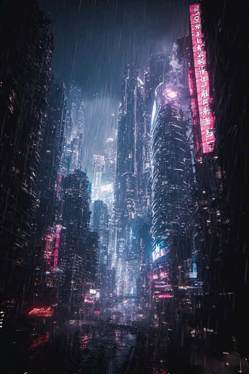 未來城市的雨夜，閃爍的霓虹燈招牌和高聳的摩天大樓。 — 城市風景 壁紙