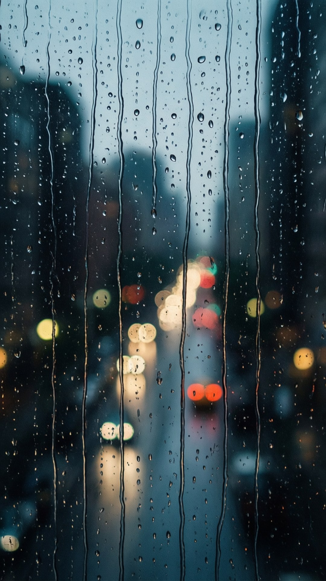Rainy Window Aesthetic 壁紙 — 雨水沿窗流下，將城市燈光模糊成柔和發光球體，映襯著黑暗的城市背景。