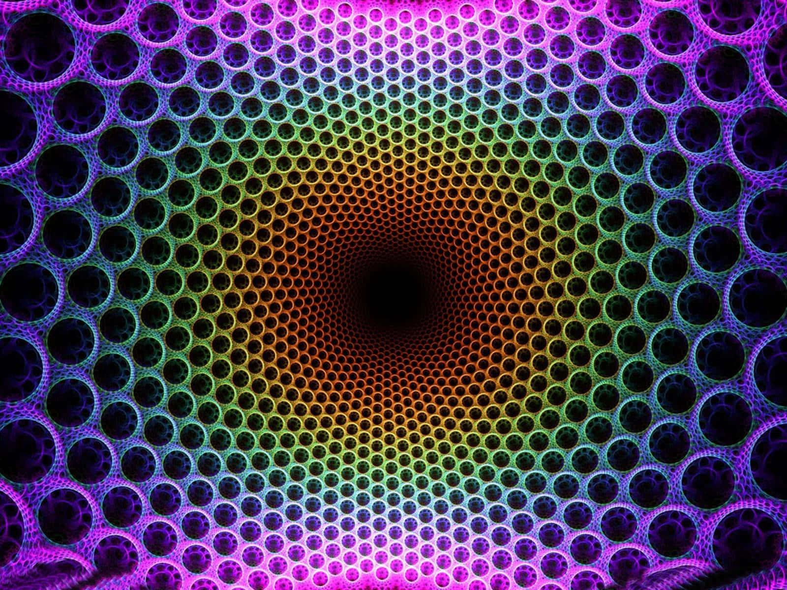 鮮豔的彩虹色圓形圖案向內螺旋，朝向一個黑暗的中心。 — 3D 壁紙