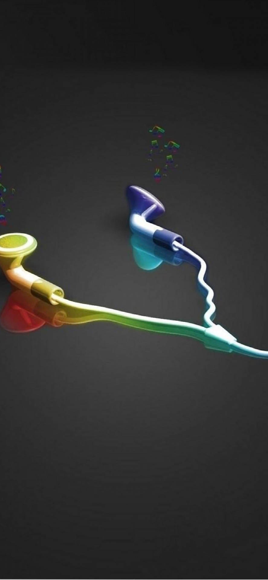 彩虹耳機在深色背景上漂浮，帶有音符。 — 3D 壁紙