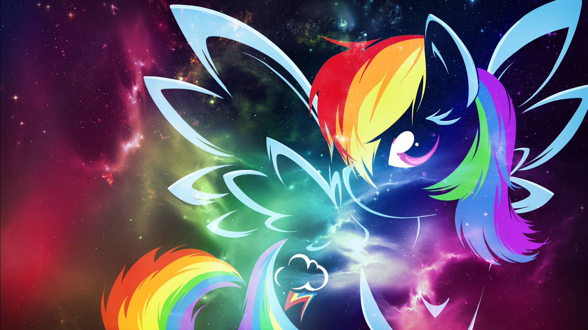 小馬 Rainbow Dash 帶著發光的翅膀飛過色彩繽紛的宇宙星雲。