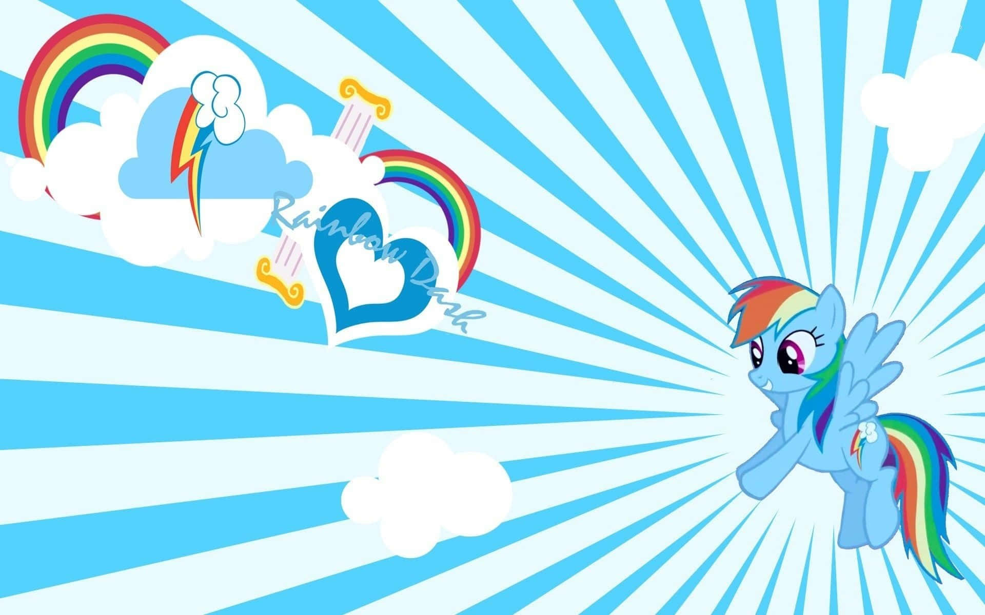 pony 桌布 壁紙 — Rainbow Dash 在明亮的藍色陽光背景下，帶著彩虹、雲朵和心形雲快樂地飛翔。