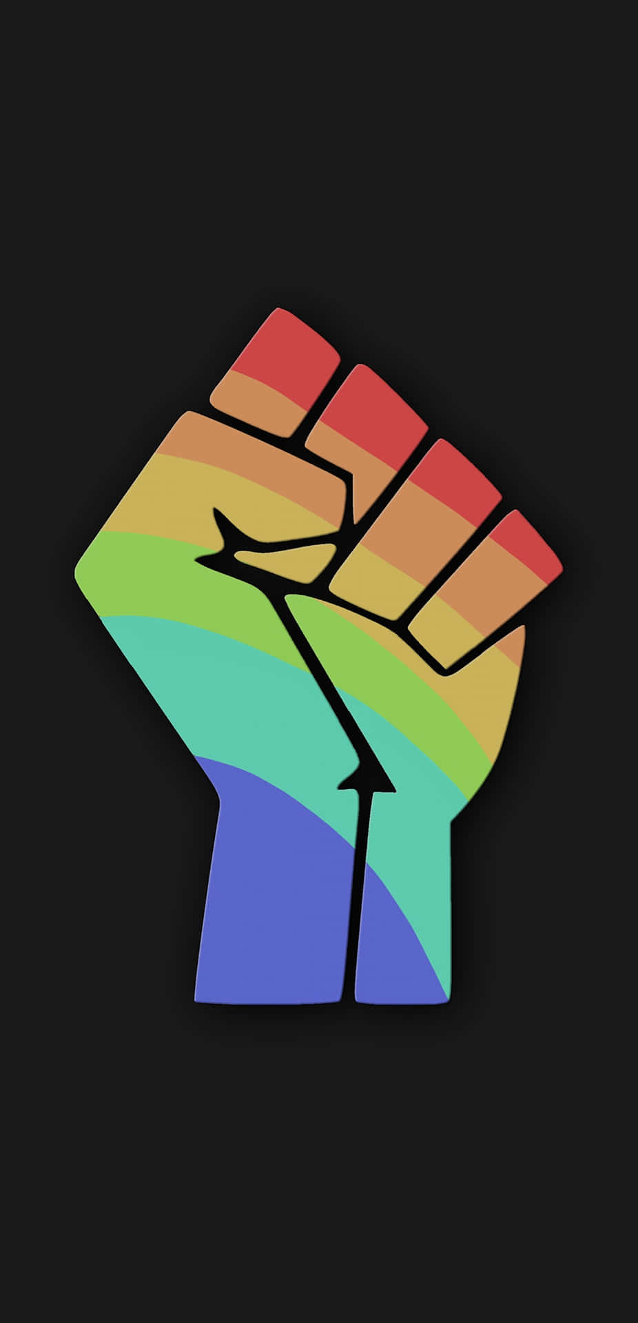  壁紙 — 一個大膽的彩虹色舉起的拳頭象徵LGBTQ+驕傲，在純黑色背景上脫穎而出。