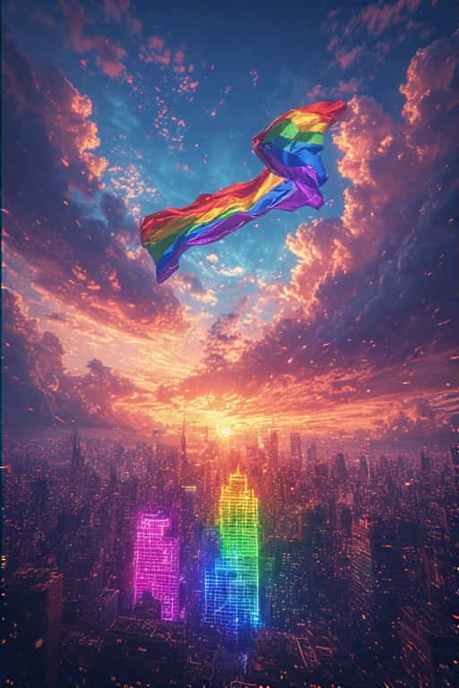 彩虹旗在城市上空飄揚，建築物在日落時分被彩虹色照亮 — 4K 壁紙