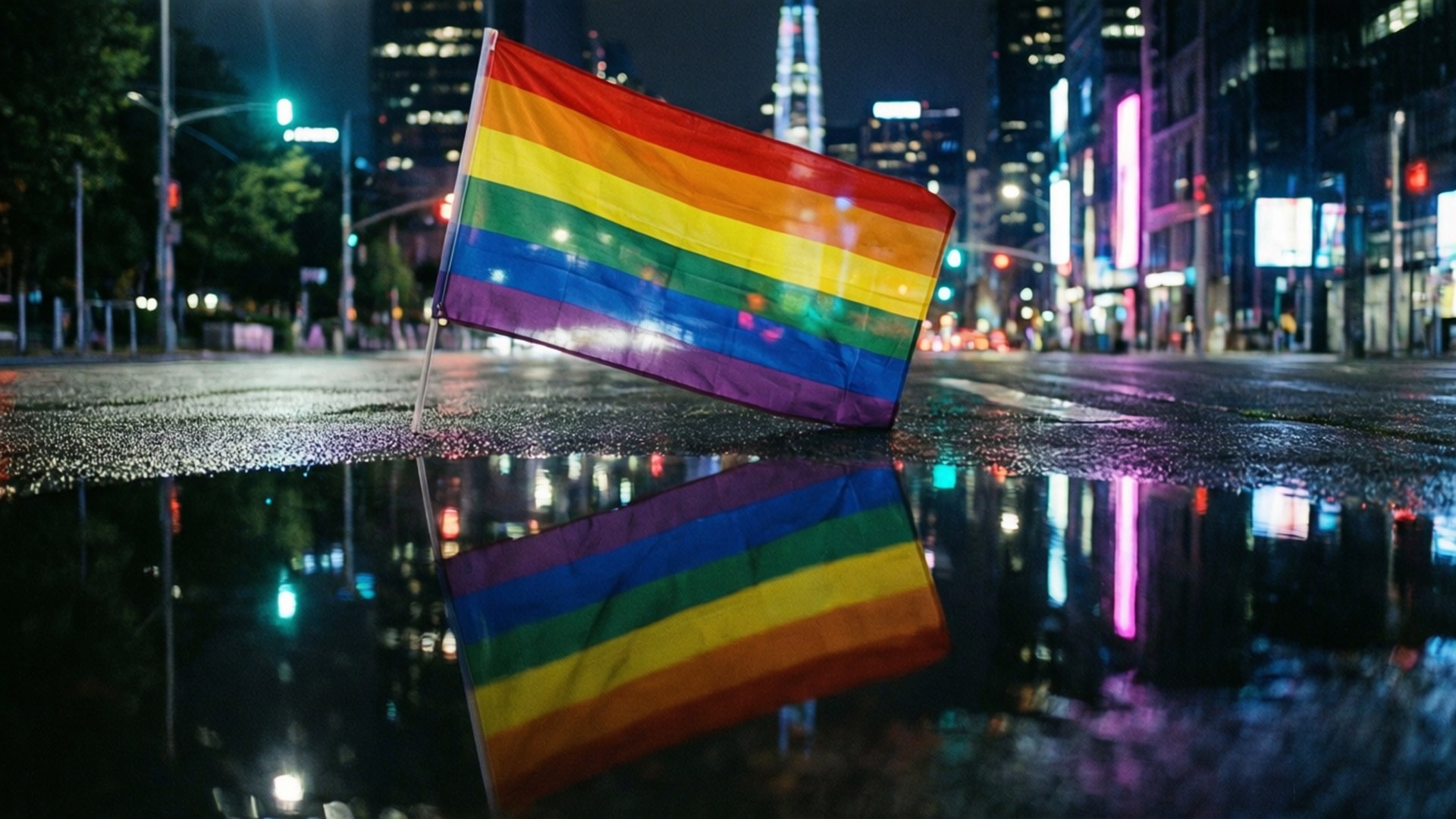 Reflection Pride 壁紙 — 一面彩虹旗矗立在夜間濕漉漉的城市街道上的雨水坑中，反射著高樓大廈的霓虹燈光。